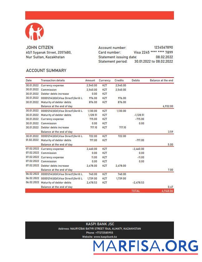 Printable Kazakhstan Kaspi bank statement excel sample